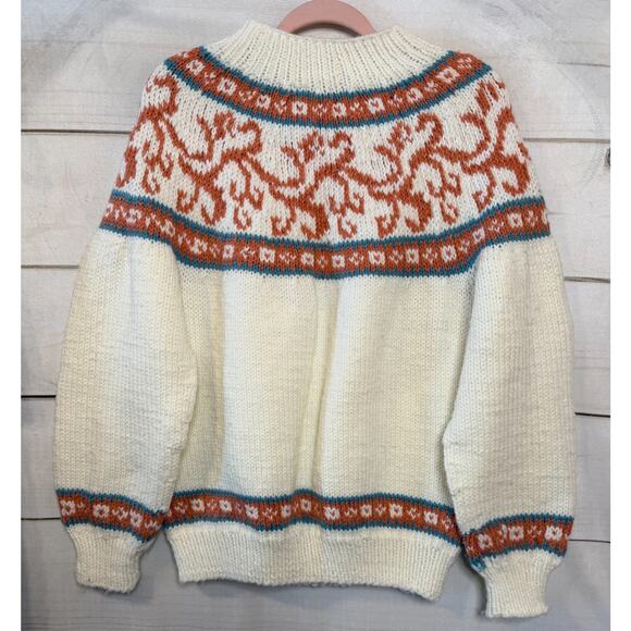Vintage Ski Sweater Coral Teal White Wool Knit Cozy Winter High Neck Est LG - Picture 2 of 6